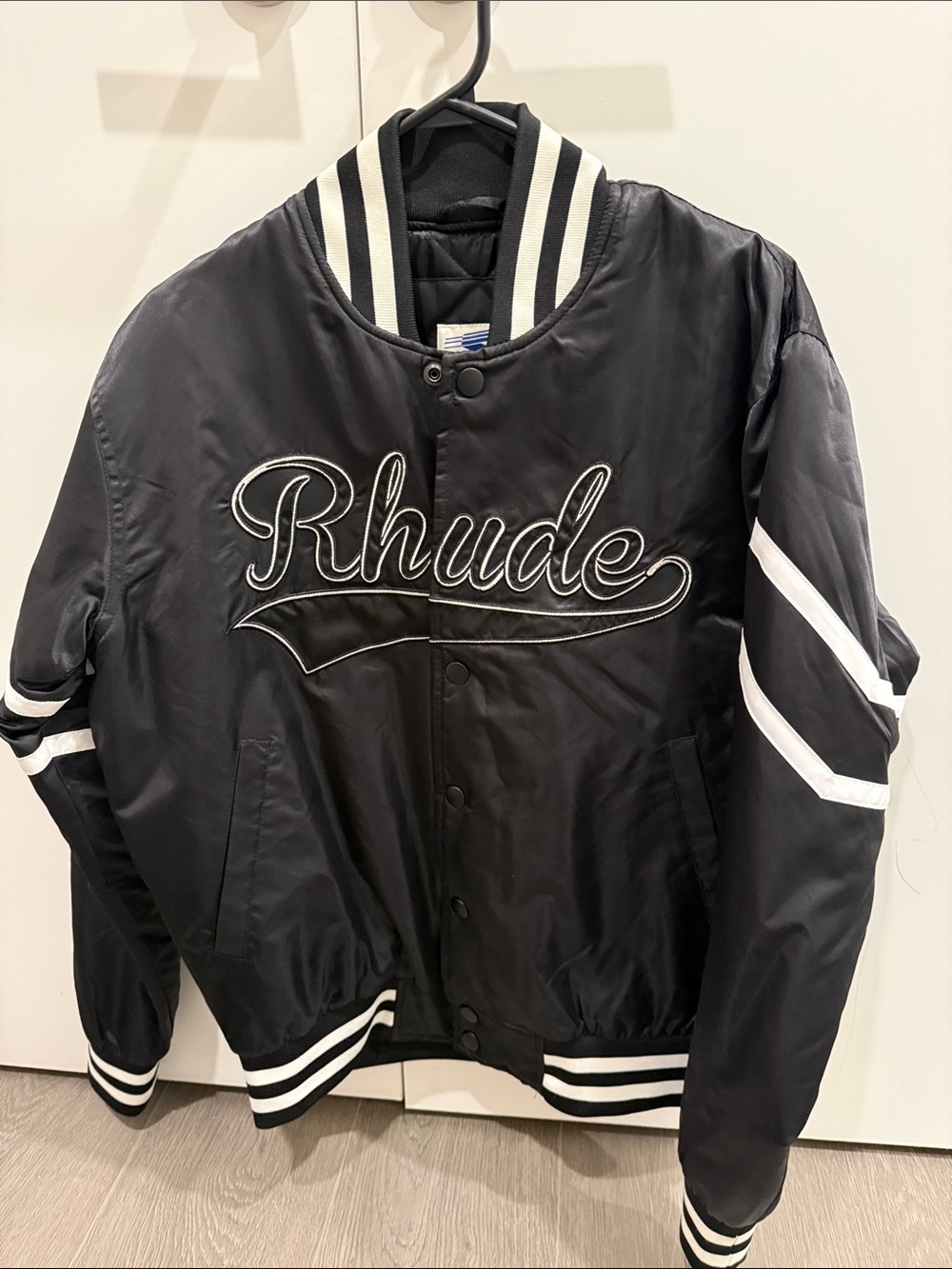 Rhude Black Satin Letterman Jacket with White Accents